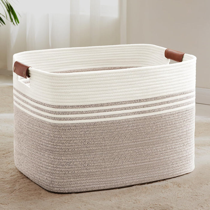 100L Large Woven Laundry Basket Hamper with Leather Handles,Brown