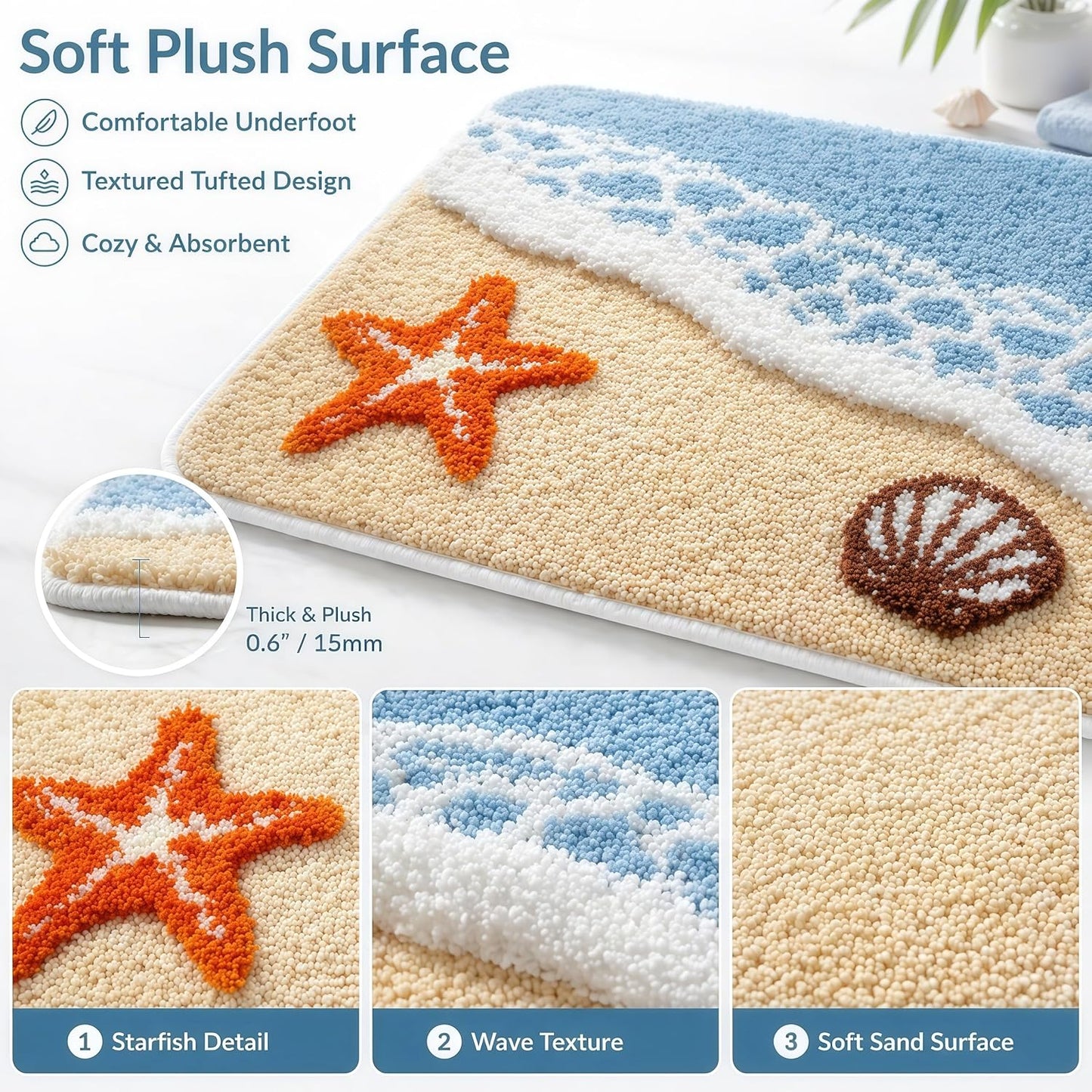 Beach Bathroom Rug 20 x 32 Inch, Coastal Ocean Wave Bath Mat with Starfish and Seashell Design, Soft Absorbent Plush Rug with Textured Backing for Tub, Shower, Sink, Vanity Floor Decor