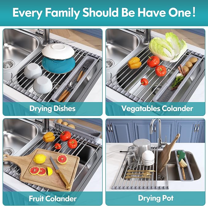 JASIWAY Roll Up Dish Drying Rack, Expandable Stainless Steel Portable Drainer - Image 4