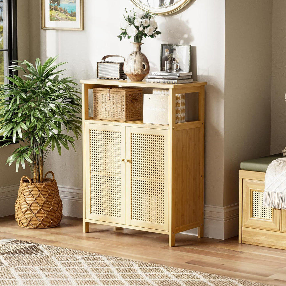 HITNET Rattan Bathroom Storage Cabinet, Bamboo Floor Cabinet with 2 Doors and...