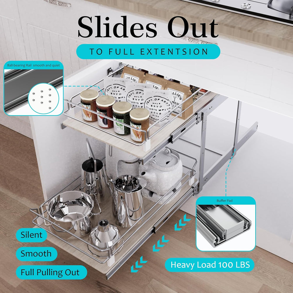 2 Tier Pull Out Cabinet Organizer 14.45" W X 22" D, Wood & Chromed