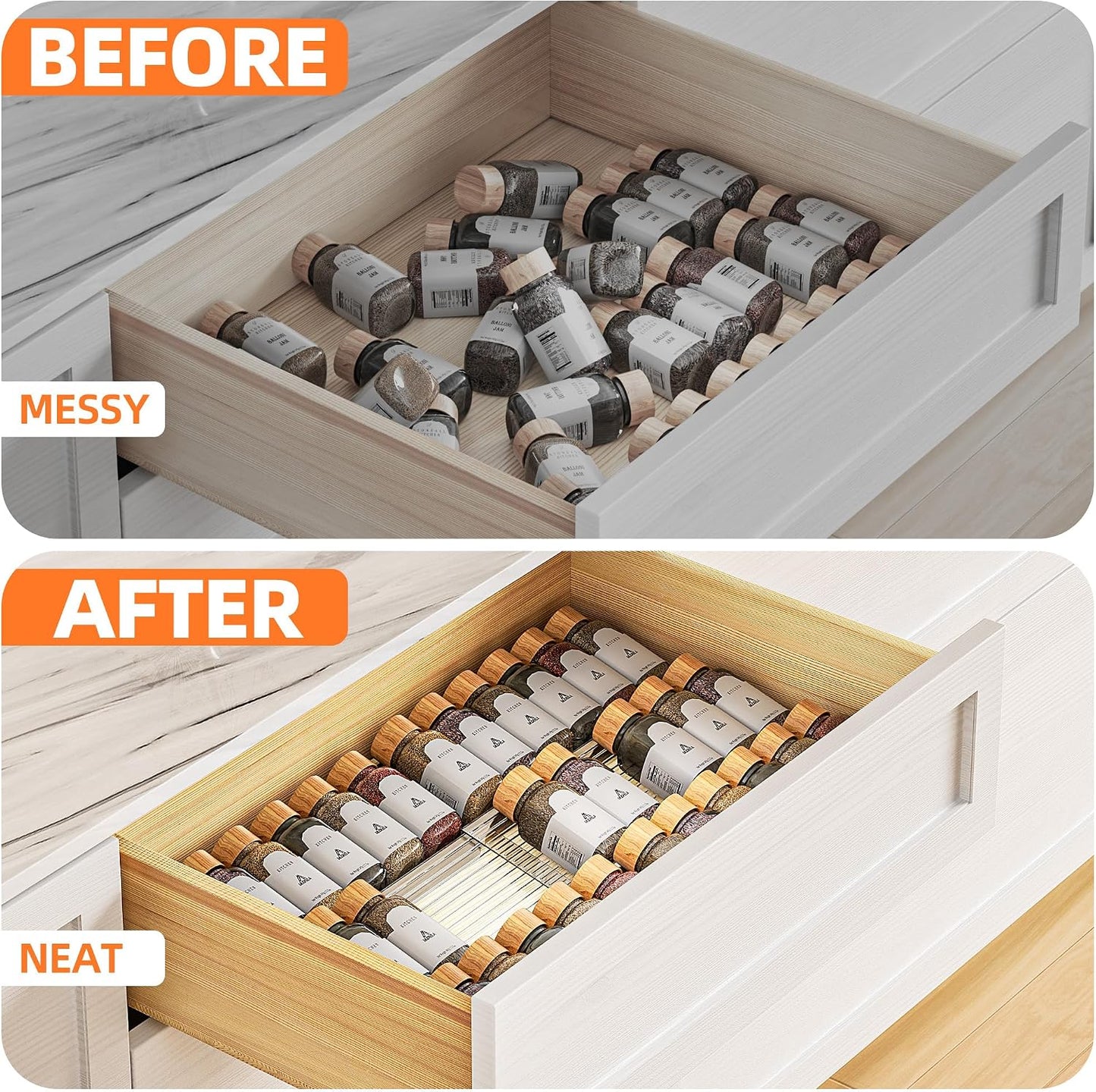 MUDEELA Clear Spice Drawer Organizer, 3 Tier- 2 Set (6 Packs) | Expandable From 11" to 22", (Jars not included), Kitchen Seasoning Organizers and Storage for Drawer