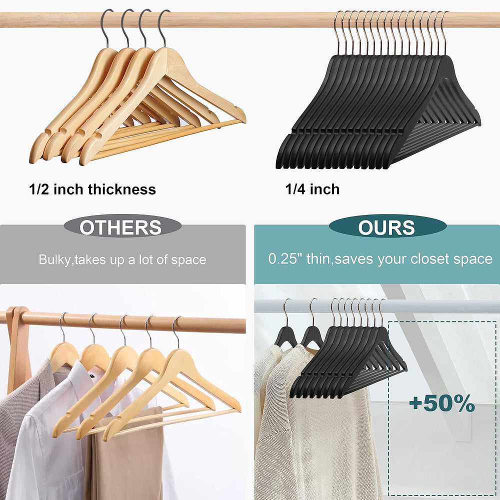 20 Luxury 16.5" Ultra Thin Space Saving Black Wooden Hangers, 360 Degree...