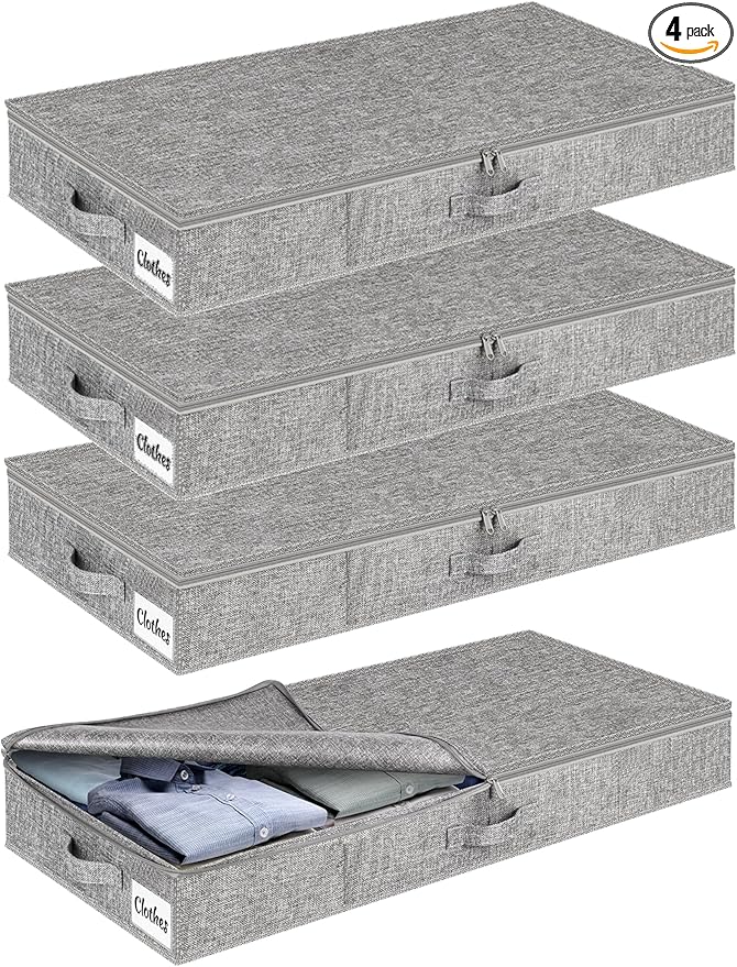Under Bed Storage Container Bin 4 Pack, 4.5 Inch Slim Low Profile Underbed by KUKIKAN