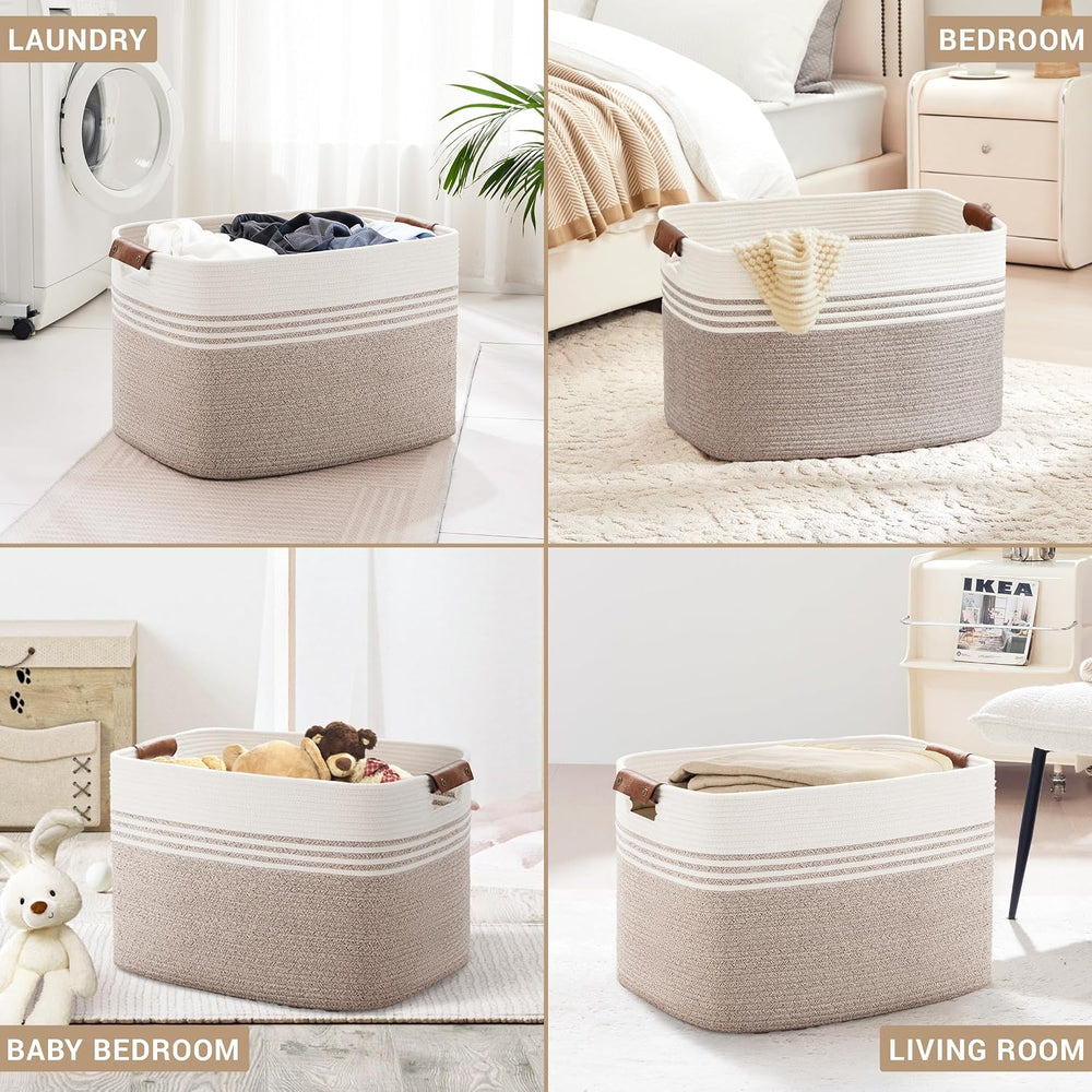100L Large Woven Laundry Basket Hamper with Leather Handles,Brown