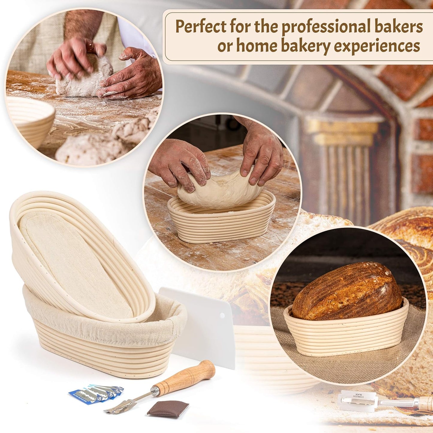 11" Oval Banneton Proofing Basket Set of 2 - Sourdough Starter Kit with Bread Lame, Danish Whisk, Metal & Bowl Scrapers, Cleaning Brush - Professional Artisan Baker Gift Set