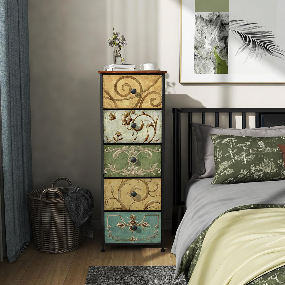Tohomeor Small Dresser for Bedroom with Retro Flower Narrow Drawers Slim Ches...