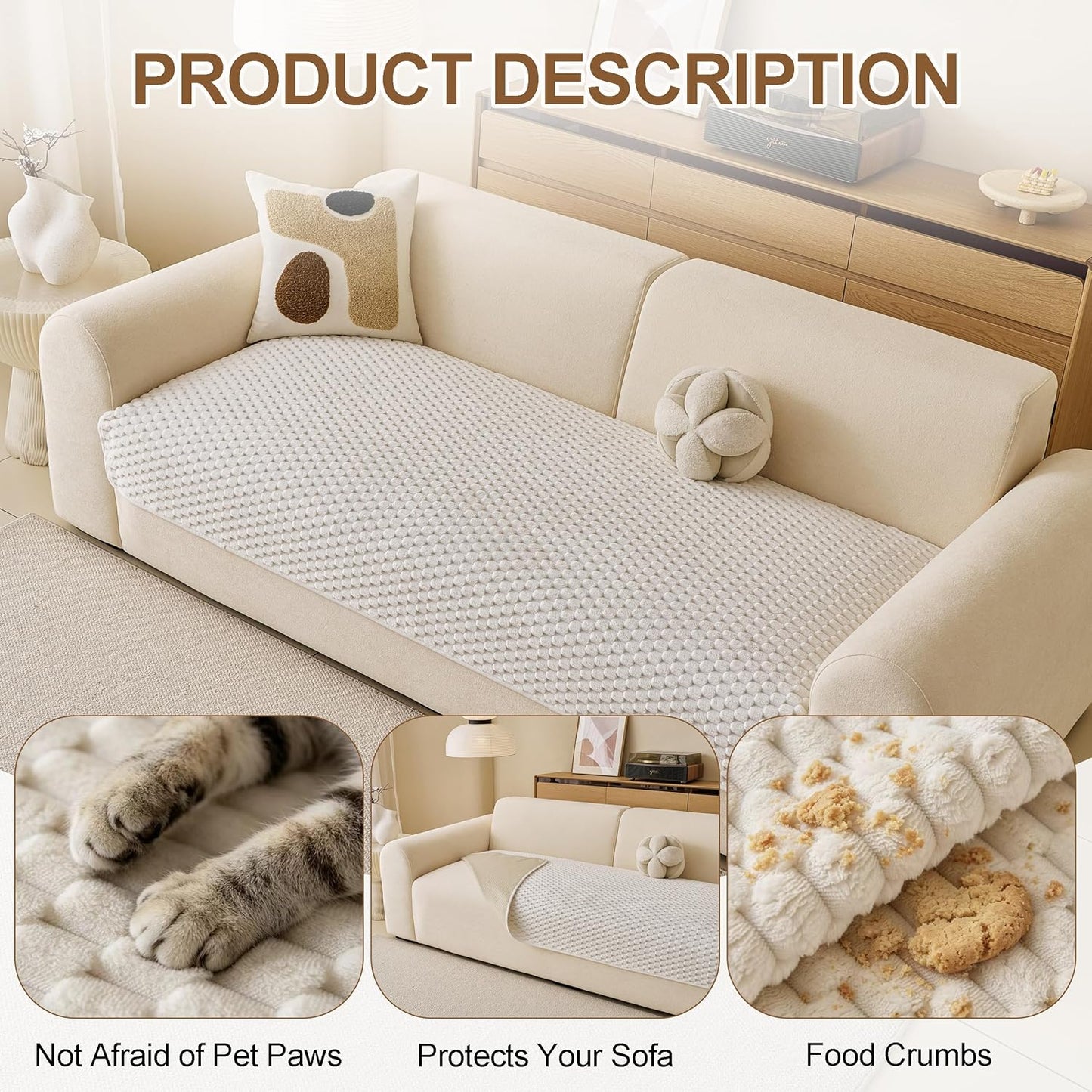 Waterproof Couch Covers for Dogs, Non Slip Sofa Covers Washable, Soft Plush Couch Protector for 3 Cushion, Furniture Slipcovers for Sectional, Pet Dog Bed Cover (Cream,35"x 71")