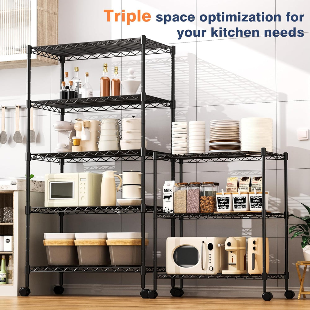 3-Tier Wire Shelf Rack,Wire Metal Shelving with Lockable Wheels,Black