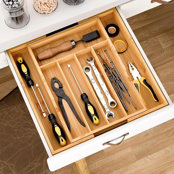 BAMEOS Bamboo Expandable Drawer Organizer, 5-7 Slots Kitchen Drawer Organizer - Image 6