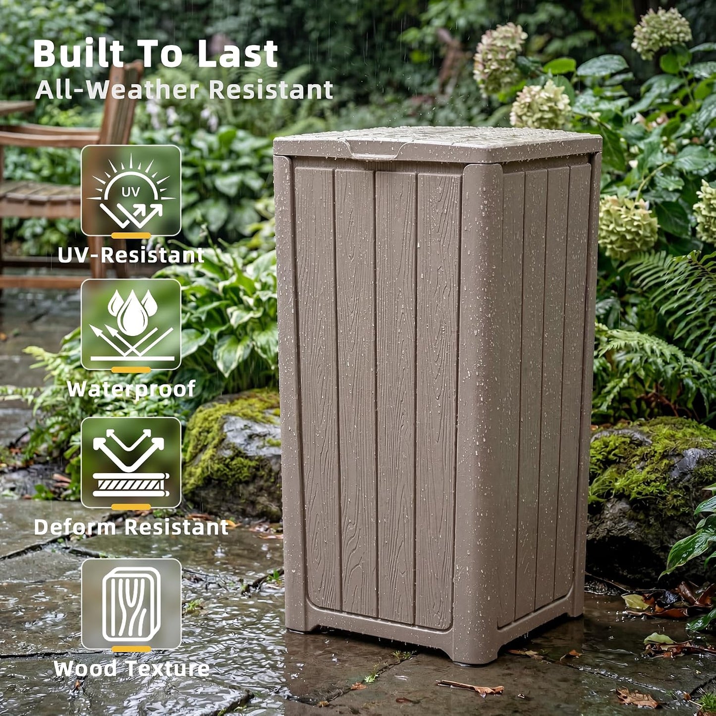 EFU 32 Gallon Outdoor Trash Can with Lid, Waterproof Garbage Can Bin | Resin Waster Container Bin For Patio, Garden, Garage, Backyard Commercial Use，UV & Weather Resistant, Scratch-Proof, Grey