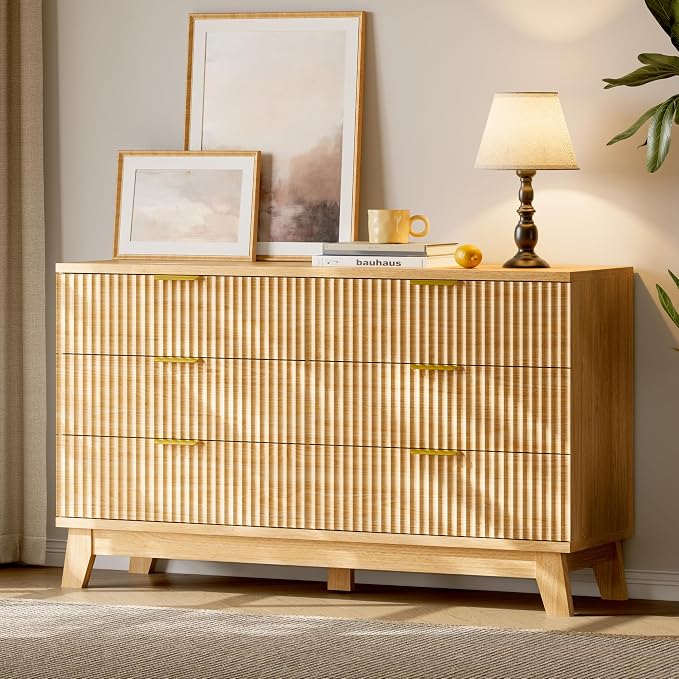 Fluted Dresser with 6 Drawers, Wooden Dresser TV Stand, Wood Closet Clothes - Image 3