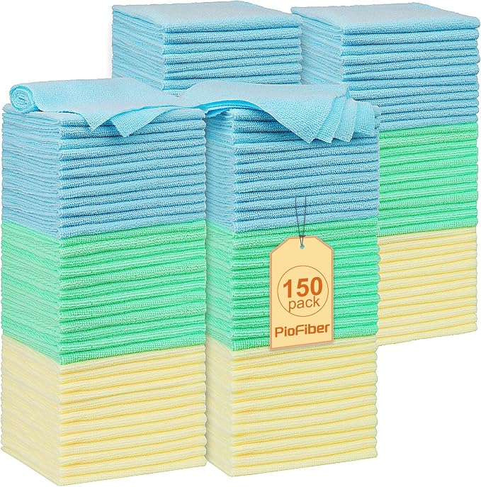 Shop Towels – 150 Pack Edgeless Microfiber Cleaning Cloths, Reusable Lint-Free by PioFiber