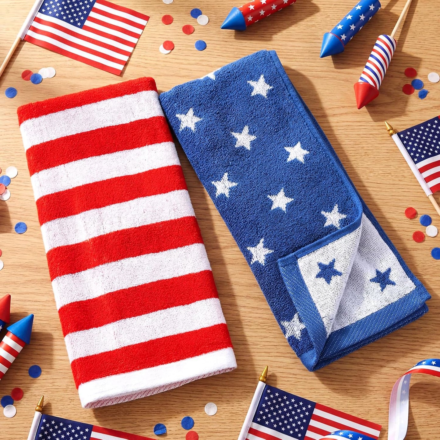 Breling 4 Pcs 4th of July Bathroom Rugs and Towels 250th Anniversary Red and White Striped Rugs and Towels Patriotic Non Slip Soft Absorbent Bath Mats for Independence Day Bathroom Home Decoration