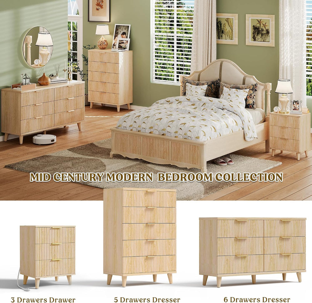 Wood Tall 5 Drawers Dresser, 27.6" W Fluted Modern Dressers for Bedroom