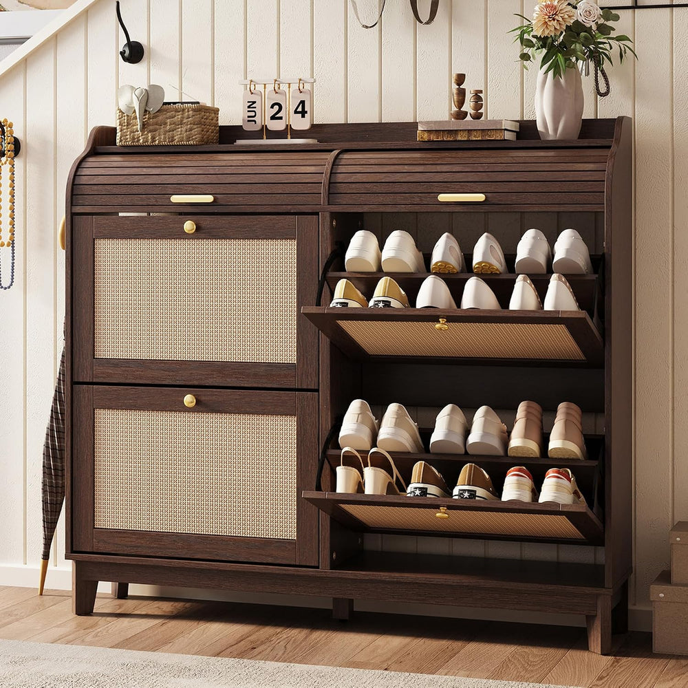LINSY Shoe Storage Cabinet, Rattan Shoe Cabinet Flip Drawer Shoes Rack Cabine...