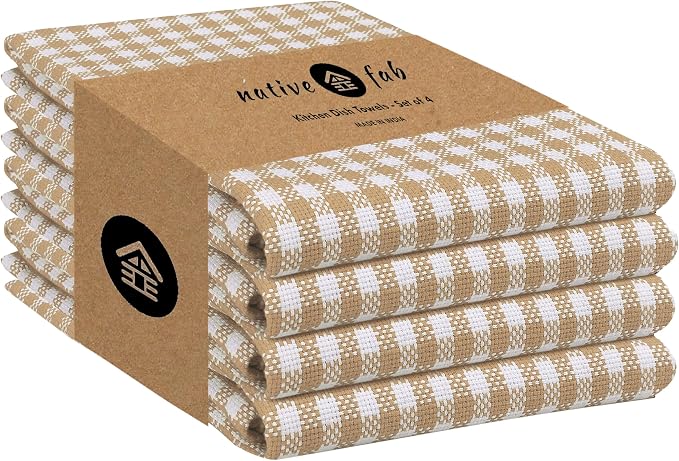 Native Fab Beige Gingham Kitchen Dish Towels 4 Pack 16"x26" by NativeFab