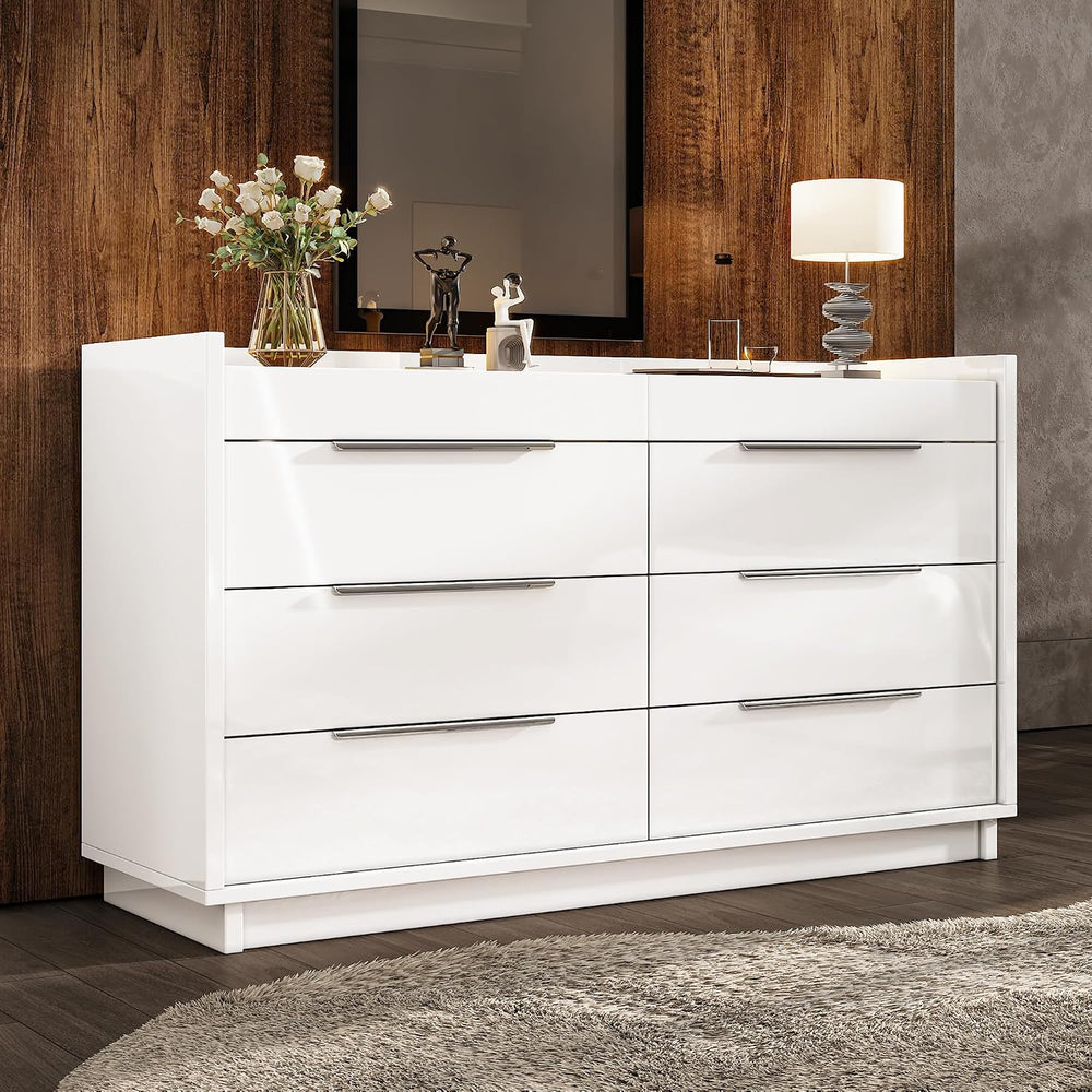 AMERLIFE 47.2" W 8-Drawer Dresser with Glass Top, High Gloss, White