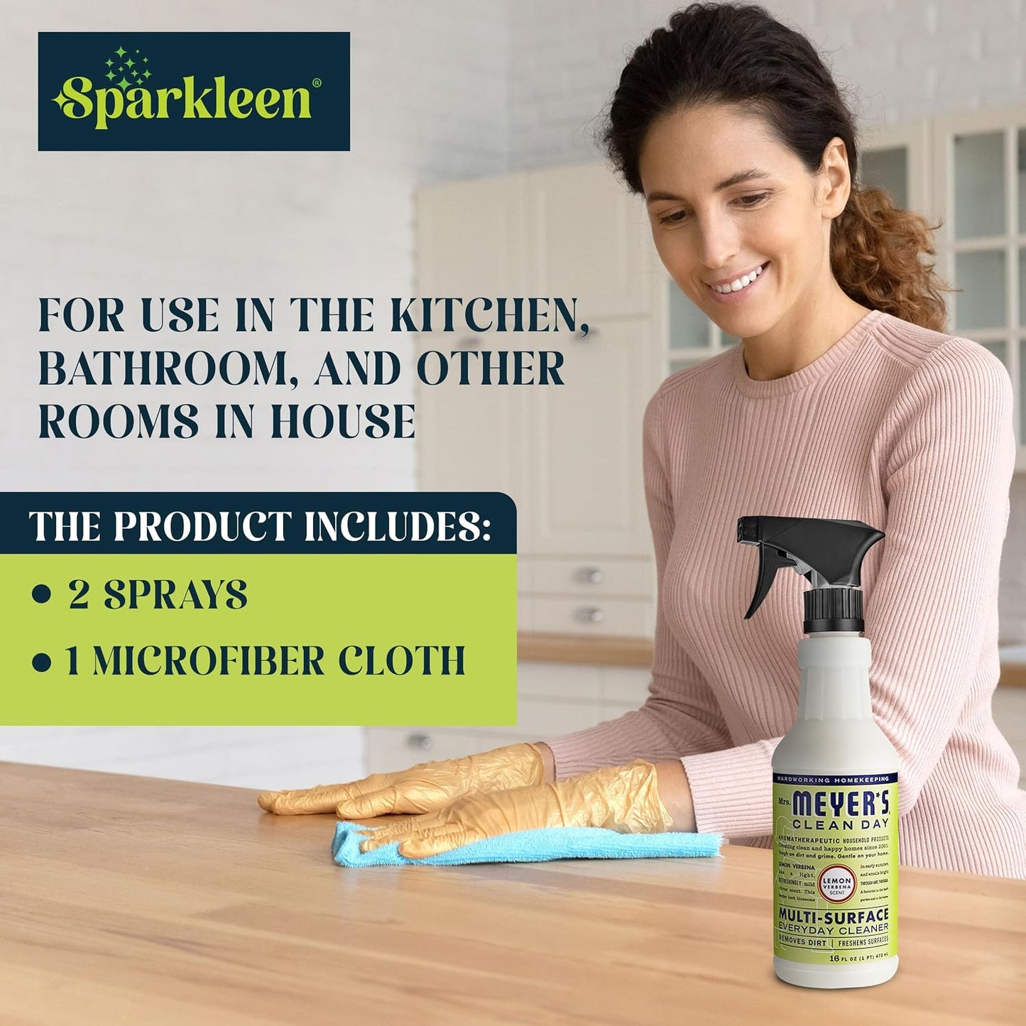 Mrs. Meyers Multi-Surface All Purpose Cleaner Set, Multi-Purpose Cleaner 2 Pack Spray and Cloth Set Bundle for Bathroom, Living Room or Bedroom, 16 oz, Lemon Verbena