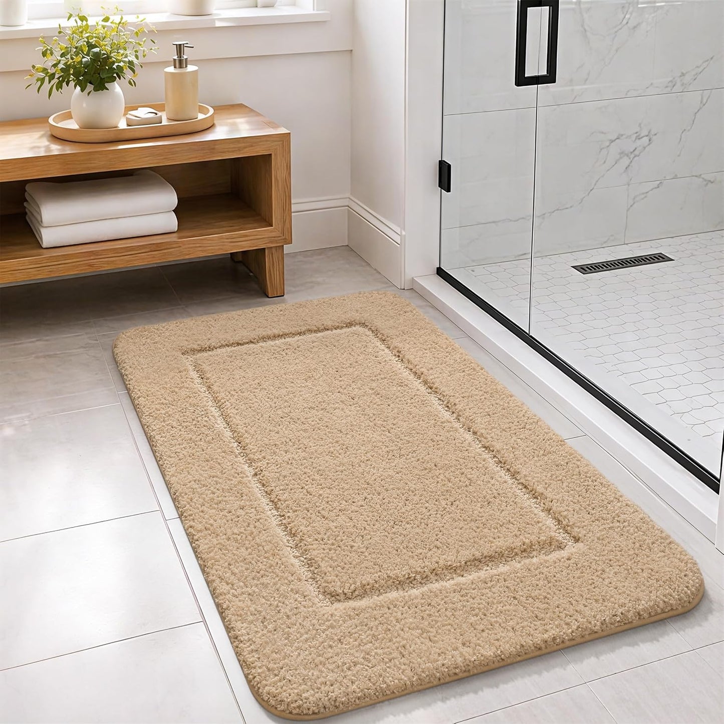LOCHAS Bathroom Rug Set, Bath Rugs Sets 3 Piece Non Slip Backing, Washable Absorbent Microfiber Bath Mat Set, Soft Cozy Bathroom Mat for Shower Sink Toilet, Beige