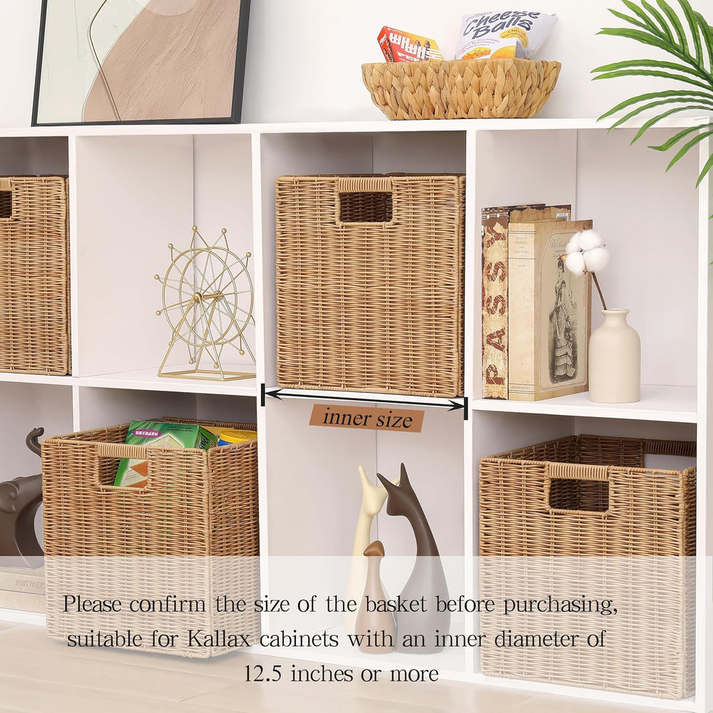 12x12inch Plastic Wicker Cube Baskets Large Foldable Handwoven,4 Pack,Khaki