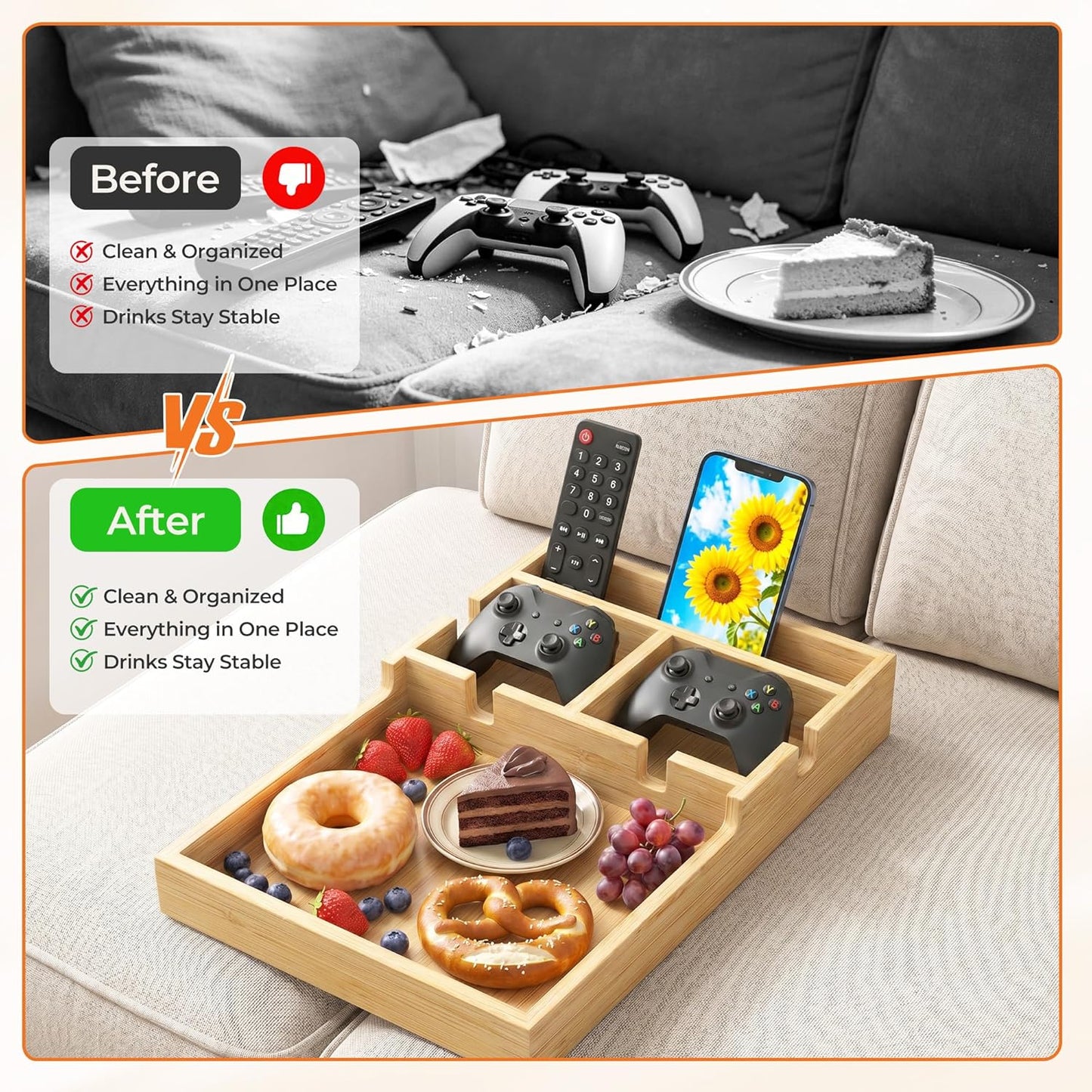 Couch Tray Insert for Middle Seat, Bamboo Couch Table with 2 Cup Holders, Natural, Fits Armless Sofa & Sectionals