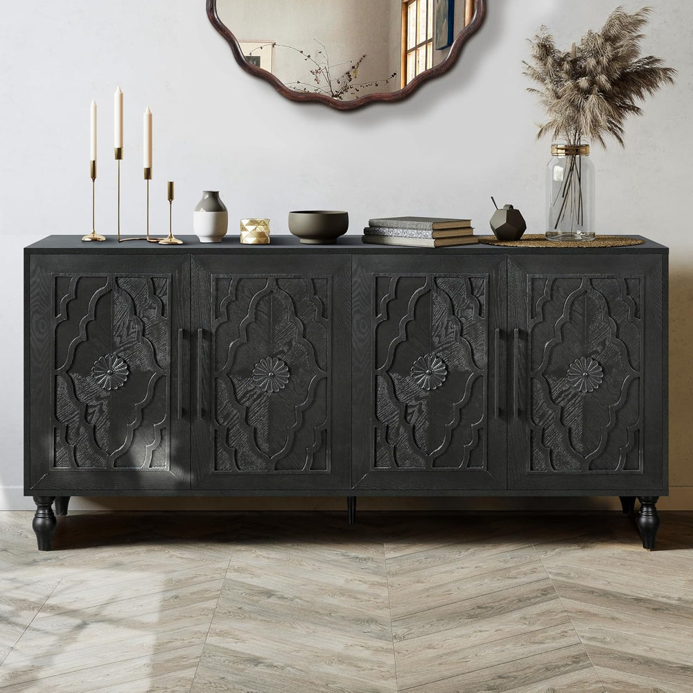 YOPTO Wood Storage Sideboard with Three Tempered Glass Doors and Adjustable S...