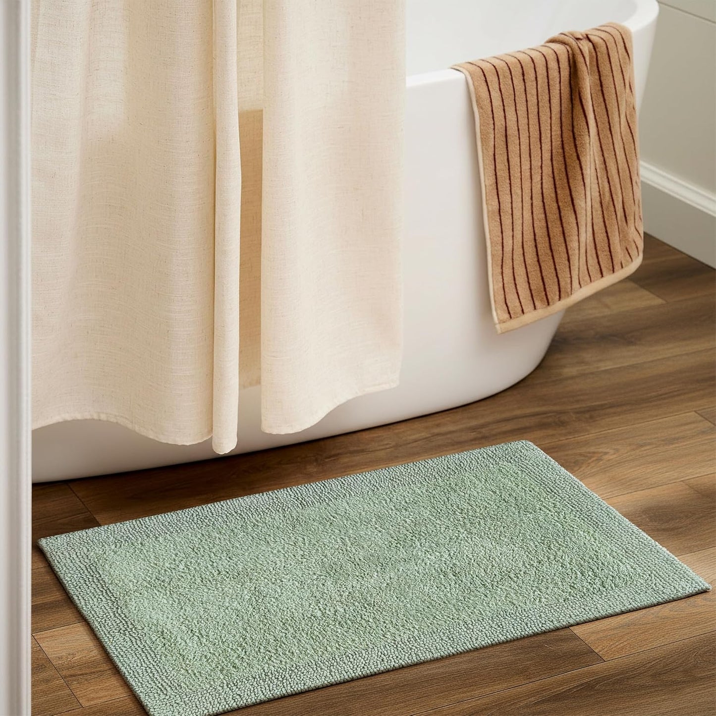 Cotton Reversible Bath Mat 20x32 Inch Sage Green, 100% Cotton Bathroom Rug, Soft Absorbent, Anti Skid, Machine Washable Bathmat for Shower, Tub, Entryway
