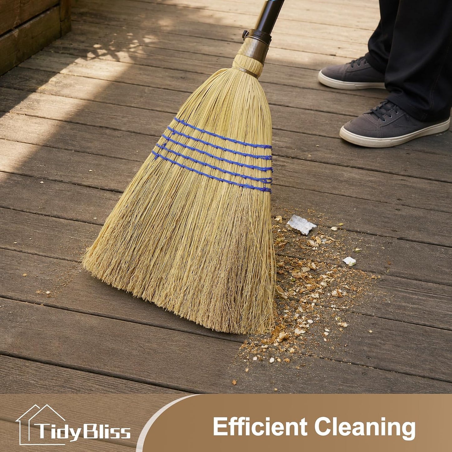 TidyBliss Corn Broom Heavy Duty, 59 inches Tall Household Indoor Outdoor Natural Straw Brush for Sweeping Garden, Garage, Yard, Porch, Patio, Sidewalk, Concrete, Stone Floors