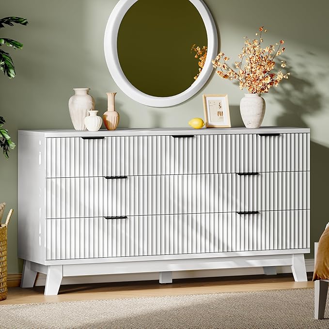 Fluted Dresser with 7 Drawers, Wooden Dresser TV Stand, Wood Closet Clothes by Xixini