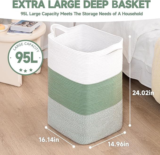CLHMILY&Z 95L Laundry Basket Rectangular Green Rope - Image 4