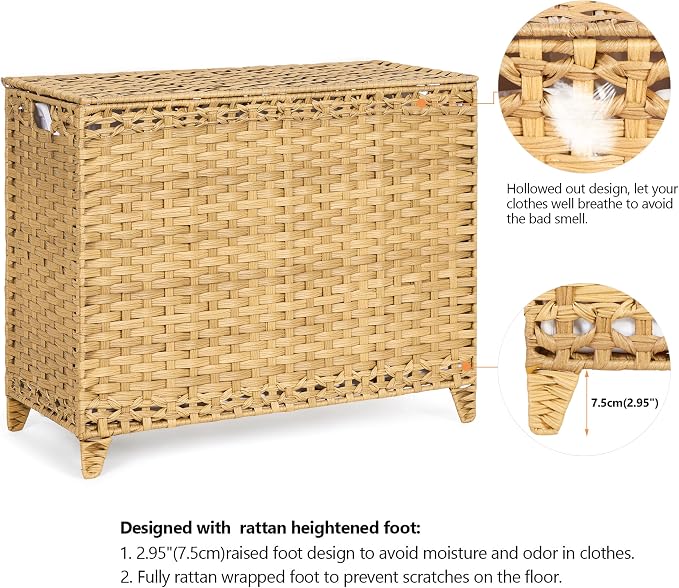 Laundry Hamper with 4 Removable Liner Bags; 176L Handwoven Rattan Laundry