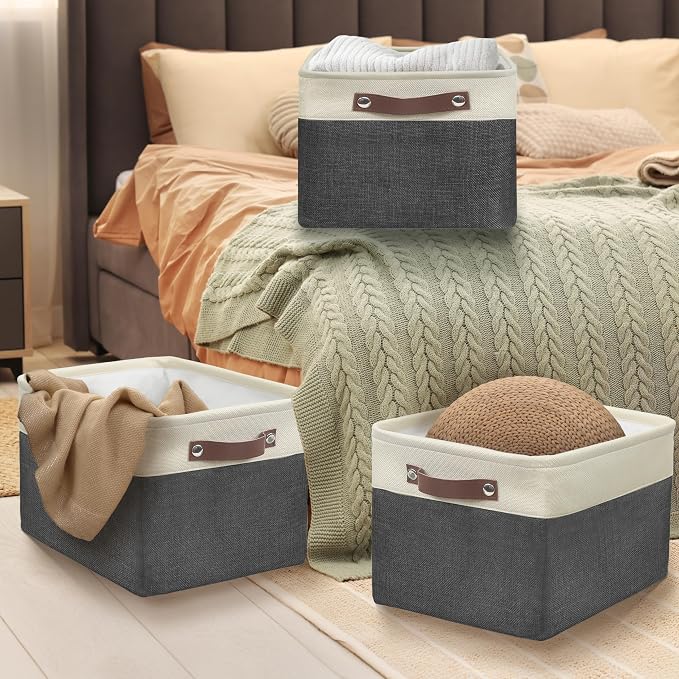 SIMPLE HOUSEWARE Large Fabric Storage Bin, 3 Pack, Dark Gray - Image 5