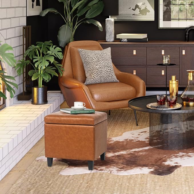 Adeco 17.7" Leather Cube Storage Orange Ottomans - Image 2
