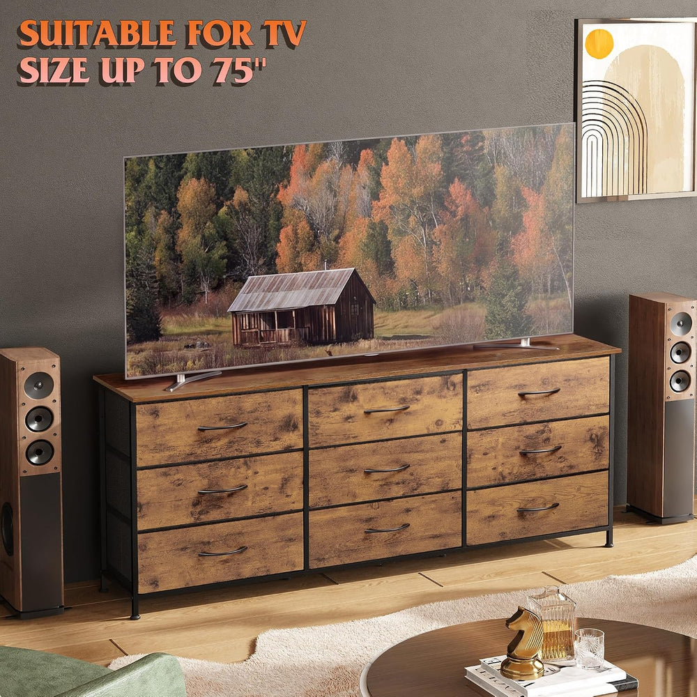 WLIVE Dresser TV Stand for 75 Inch TV, 9 Drawer Dresser, Rustic Brown