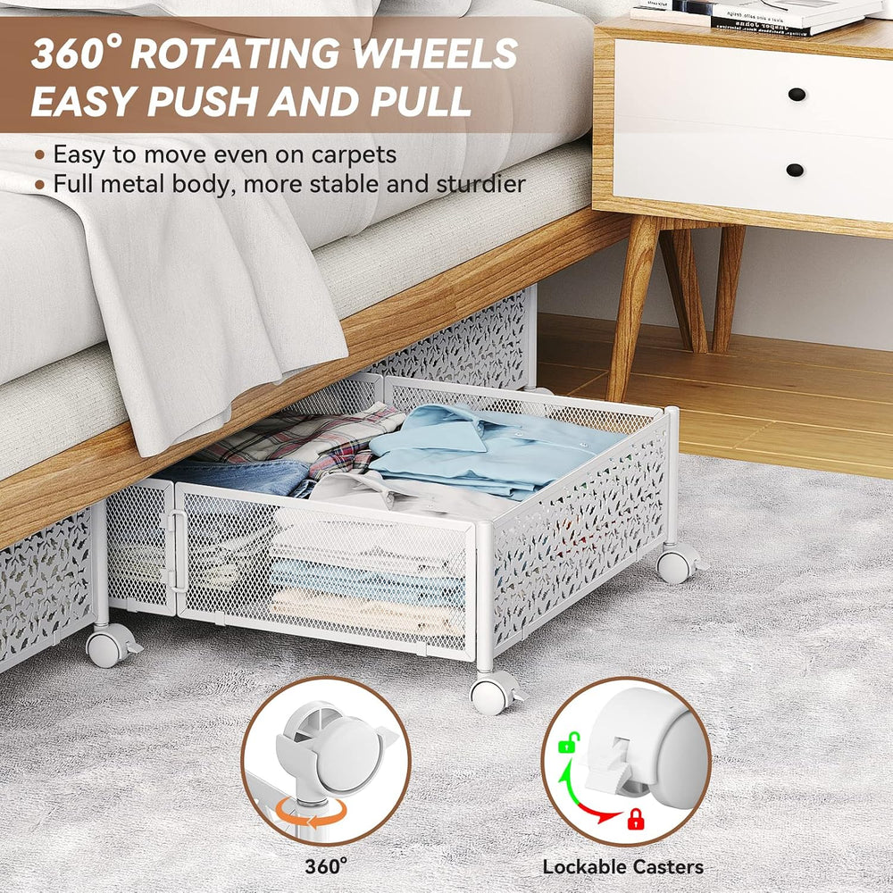 PHINOX Under Bed Storage with Wheels,Patterned,Sturdy Metal,4 Pack,White