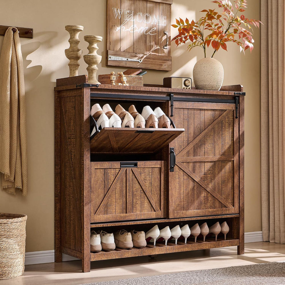 OKD Shoe Storage Cabinet with 2 Flip Drawers & Sliding Door, Farmhouse En...