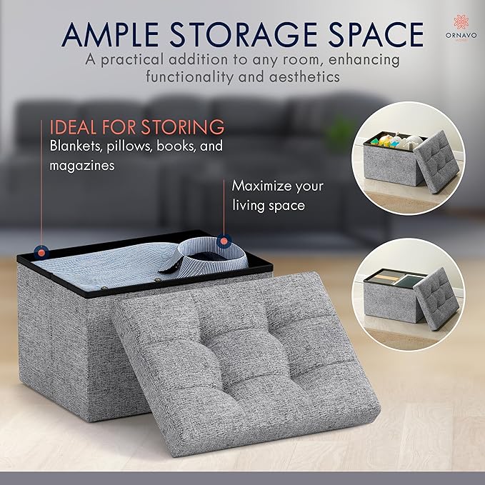 Ornavo Home Small Storage Ottoman, Foldable Collapsible Rectangle Linen Ottoman - Image 3