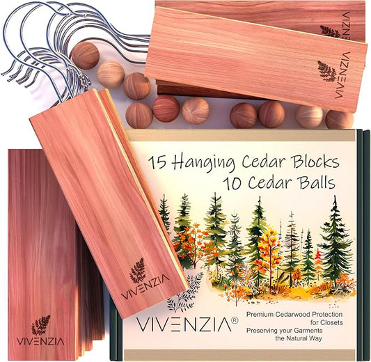 Cedar Blocks for Clothes Storage -25 pcs- Hanging Cedar Planks, Natural Closet by VIVENZIA