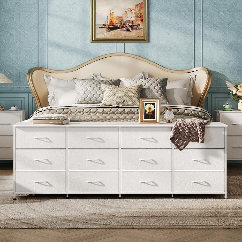 WLIVE Long Dresser TV Stand for 85 Inch TV, 12 Drawer Dresser, White