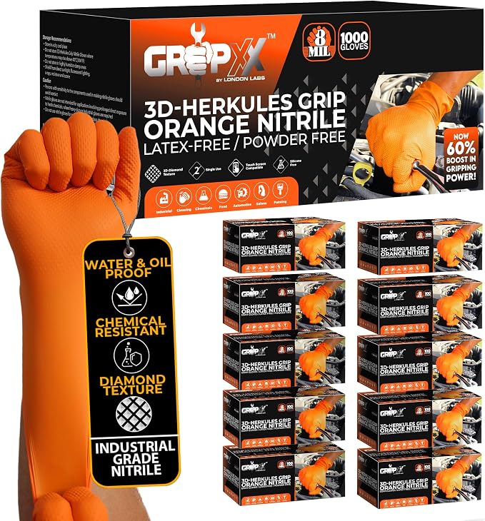 Herkules Grip Heavy Duty 8Mil Orange Nitrile Gloves, 3D Raised Diamond by GRIPXX