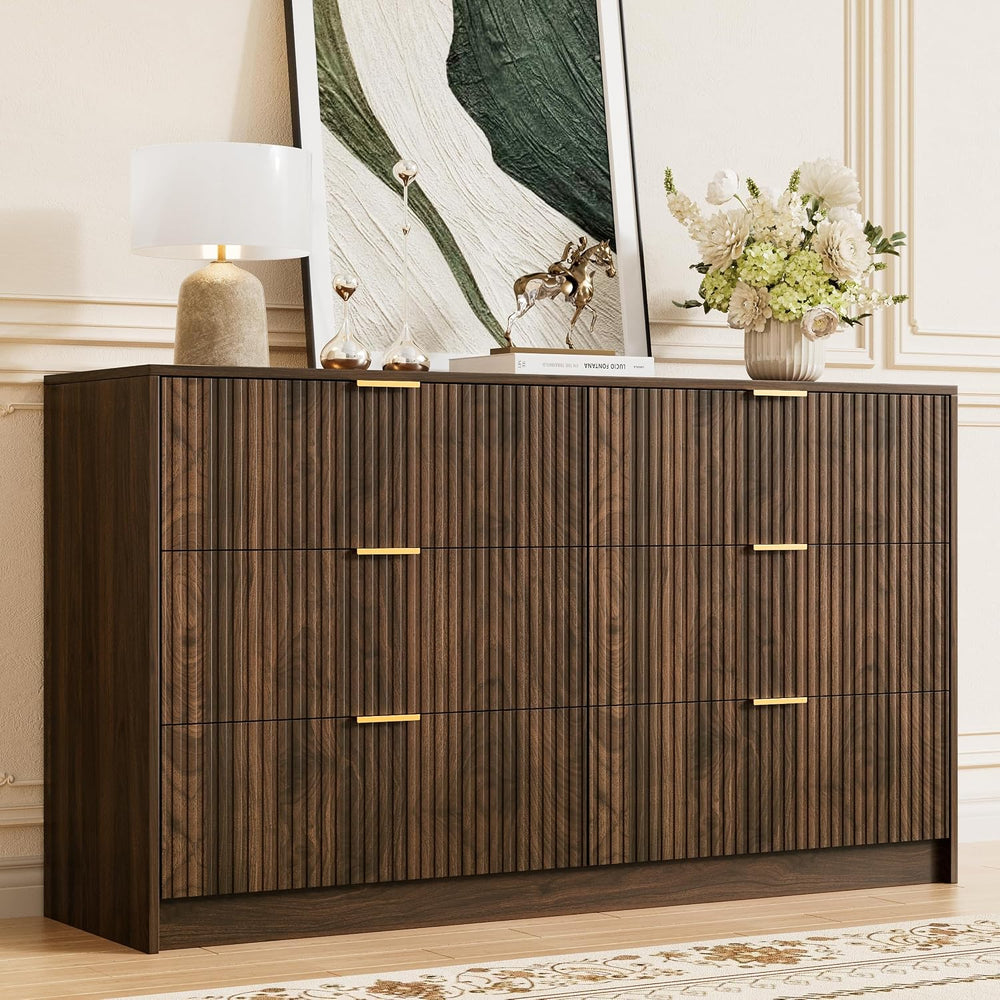 Furniway Walnut Dresser for Bedroom, Modern Dresser with 6 Drawers and Smooth...