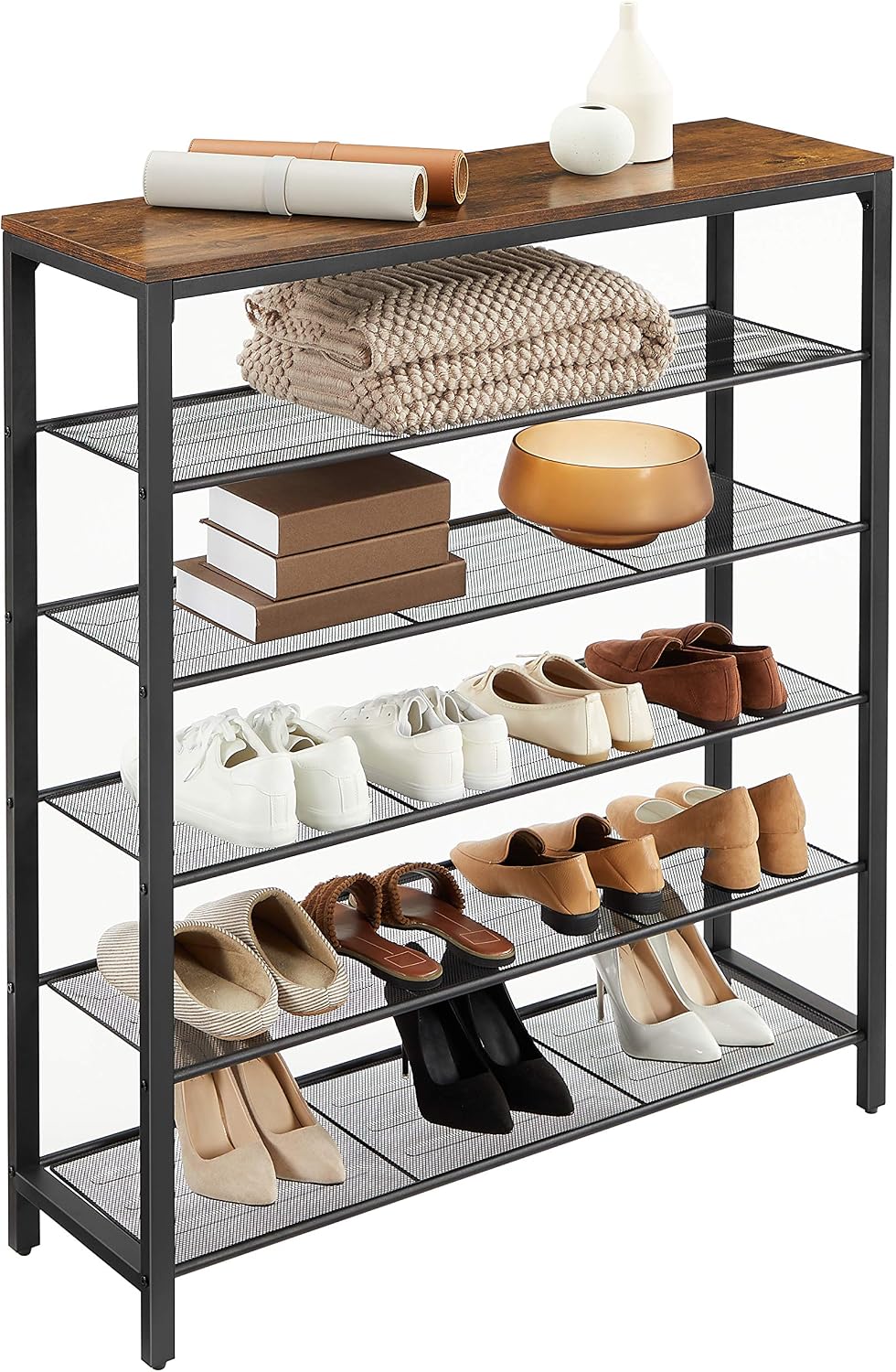 VASAGLE 6-Tier Shoe Rack, 24-30 Pairs, Metal Mesh