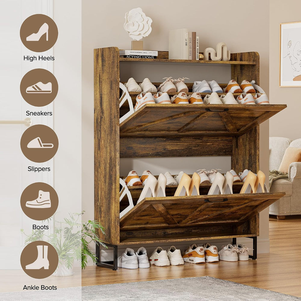 EOYUTLLY Shoe Cabinet for Entryway with 2 Flip Drawers,Narrow Wooden Shoe Sto...