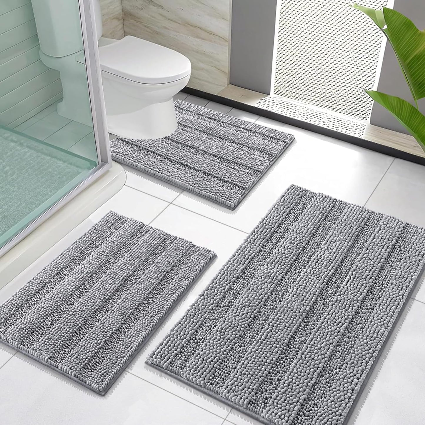OLANLY Thick Bathroom Rugs Sets 3 Piece, Absorbent Chenille Striped Bath Mats and U-Shaped Contour Toilet Rug, Home Decor Accessories, Bath Mat Set for Bathroom (30"x20"+24"x16"+24"x20", Grey)