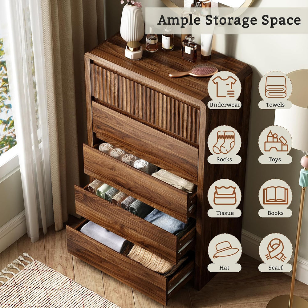 LYNSOM Walnut Fluted 5 Drawer Dresser for Bedroom, Curved Edge, 48" Tall