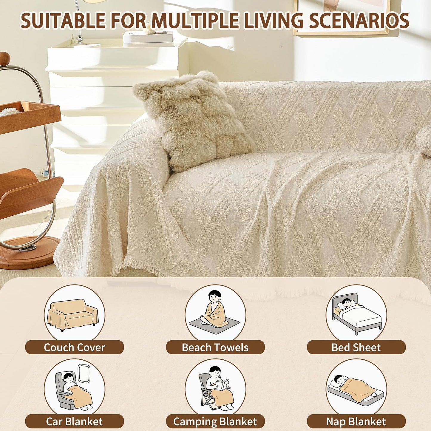 Couch Covers for Dogs, Sofa Covers for 2 Cushion Couch, Plush Couch Blanket Cover Sectional Washable, Sofa Slipcover Protector, Slip Covers for Sofas High Weight Warm, Chevron Cream, 71" ×102"