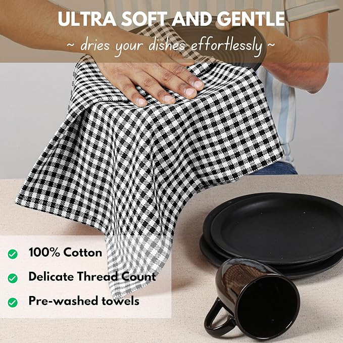 Native Fab Black Gingham Dish Towels 16"x26" Set of 12 - Image 2