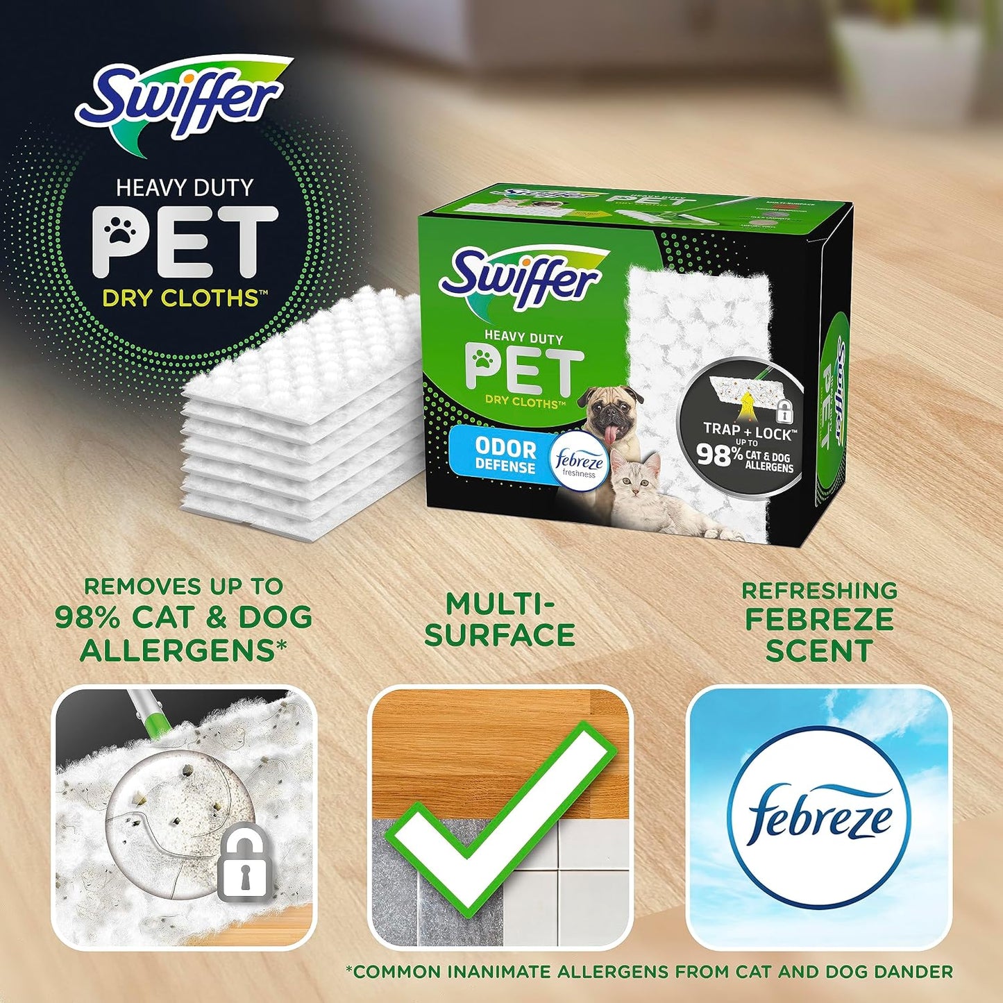 Sweep + Mop, Dry Pads Refill, Floor Cleaner for Dirt, Dust, Hair, Cleaning Cloths for Mopping Home, Bathroom, Kitchen, All Purpose Multi-Surface Floor Wipes, Heavy Duty, Pet, 32 Count (Pack of 2)