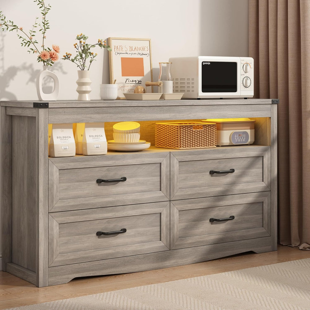 Wodeer Grey Dresser for Bedroom, Wooden 4 Drawer Dresser with LED Light, Dres...